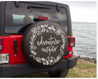 Adventure Awaits Floral Wreath Tire Cover Fits Jeep, Bronco, Honda, Campers, RVs